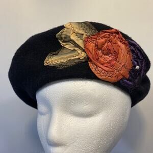 MeGusta Black Hat Beret Wool Silk Floral Embellished Womens French Chic Cottage